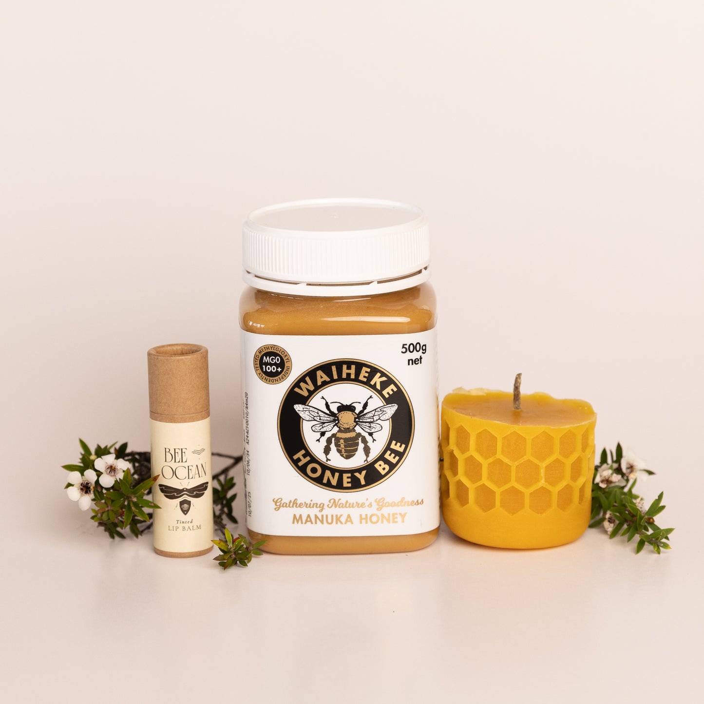 Manuka Honey, Natural lip balm and pure Beeswax Candle Combo